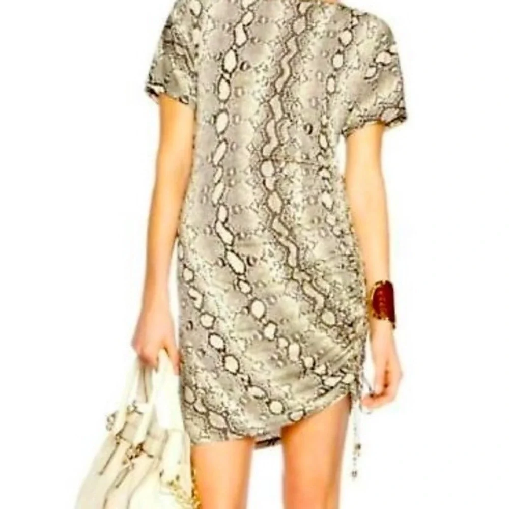 Michael Kors Snakeskin Ruched Side Grommet Dress Tan Brown‎ Short Sleeve Medium